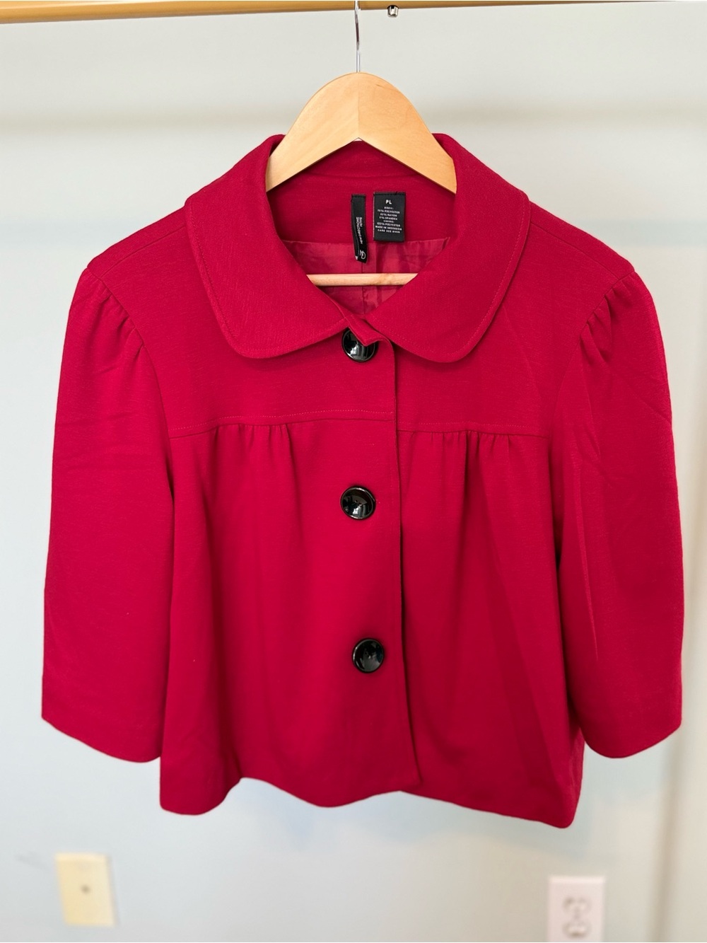 new directions Red Peter Pan Collar Short Blazer with Black Buttons